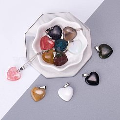 ハートの天然宝石のペンダントのセット  プラチナトーンの真鍮パーツ  20~22x20~21x5~8mm  穴：2x7mm&nbsp;G-PH0026-05
