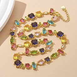 真鍮マイクロパヴェカラフルキュービックジルコニアリンクチェーンネックレス  ラックめっき  長持ちメッキ  鉛フリー＆カドミウムフリー  18KGP本金メッキ  17.83インチ（45.3cm）&nbsp;NJEW-M089-01G