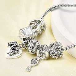 合金ヨーロッパビーズチャームブレスレット  女性用スネークチェーンブレスレット  ハートと鍵と蝶結び  ラインストーン付き  鉛フリー＆カドミウムフリー  アンティークシルバー＆プラチナ  7-1/8インチ（18.2cm）&nbsp;BJEW-F495-04P