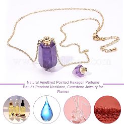 天然アメジスト先のとがった六角形の香水瓶ペンダントネックレス  女性のためのアクセサリー用原石のアクセサリー  ゴールドカラー  19.29インチ（49cm）&nbsp;NJEW-CA0001-07A