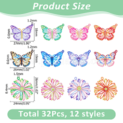 32個 12スタイル スプレー塗装 430ステンレススチールペンダント  蝶＆花  ミックスカラー  19~27x18~26x0.4~0.6mm  穴：1.2~1.5mm&nbsp;STAS-HS0001-53