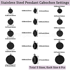 30個 5スタイルのステンレススチールペンダントカボションセッティング  フラットラウンド  ブラック  トレイ：8~18mm  10~20x2mm  穴：1.6~1.8mm&nbsp;STAS-BBC0006-77