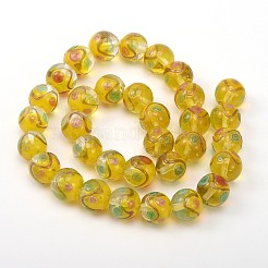 丸い形の手作りのゴールドの砂でこぼこランプワークビーズ  きいろ  12mm  穴：2mm&nbsp;LAMP-L043-08