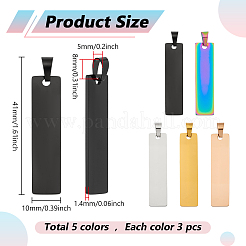 15個5色304ステンレスペンダント  レーザー切断  空白タグのスタンプ  長方形  ミックスカラー  41x10x1.4mm  穴：6mm  3個/カラー&nbsp;STAS-ME0002-04