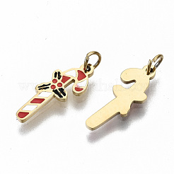 316サージカルステンレススチールエナメルチャーム  丸カン付き  クリスマススティック  14KGP本金メッキ  13x5x1mm  丸カン：3.5x0.5ミリ  2.5mm内径&nbsp;STAS-S116-001G