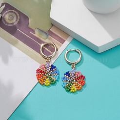 虹色の日本種の編み込みフラワー ダングル フープ イヤリング  女性のための真鍮のアクセサリー  カラフル  37mm  ピン：1mm&nbsp;EJEW-MZ00003