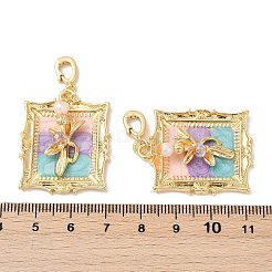 真鍮ランダムカラーガラスペンダント  花の長方形  ABSイミテーションパール＆エナメル＆ループ付き  18KGP本金メッキ  33.5x26.5x7.5mm  穴：5.5x5mm&nbsp;KK-Q030-05A-G