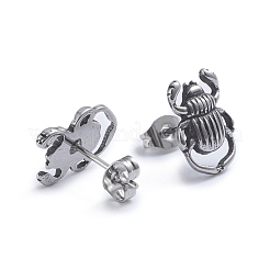 レトロ 304 ステンレス スタッド イヤリング  耳ナッツ  昆虫  アンティークシルバー  13.5x9.5mm  ピン：0.7mm&nbsp;X-EJEW-L248-003AS