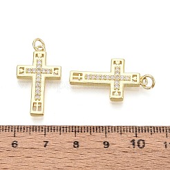 宗教的な真鍮マイクロパヴェクリアキュービックジルコニアペンダント  クロスチャーム  16KGP本金メッキ  26.5x15x3mm  穴：3mm  丸カン：5x0.8ミリ  3mm内径&nbsp;KK-T080-49G
