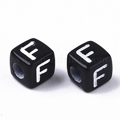 不透明なアクリルビーズ  水平穴  アルファベットスタイル  キューブ  ブラック＆ホワイト  文字.f  5x5x5mm  穴：2mm  約5000個/500g&nbsp;SACR-N002-01F