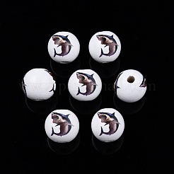 動物テーマのプリント木製ビーズ  ラウンド  アニマル柄  15.5~16x15mm  穴：3.5mm&nbsp;WOOD-D006-01
