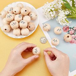 30 個のプリント天然木ヨーロッパビーズ  染色されていない  大穴ビーズ  発現模様で丸い  ナバホホワイト  30x27.5mm  穴：6mm&nbsp;WOOD-FH0001-92