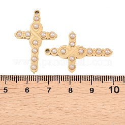 304ステンレススチールとABSプラスチック製の模造真珠ペンダント  クロスチャーム  ゴールドカラー  32x20.5x3mm  穴：1.8mm&nbsp;STAS-Z190-02G