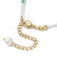 女性用ガラスシードビーズブレスレット  シェルパール＆真鍮ビーズ付き  グリーン  7-1/8インチ（18cm）&nbsp;BJEW-MZ00134-02