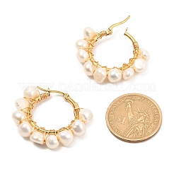 女の子の女性のためのリングナチュラルパールビーズフープピアス  ホワイトスモーク  31x36x8mm  ピン：0.6mm&nbsp;EJEW-JE04685-01