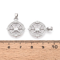 真鍮マイクロパヴェクリアキュービックジルコニアペンダント  コンパスチャーム  プラチナ  20x17x3mm  穴：4.5x2.5mm&nbsp;KK-N259-06P