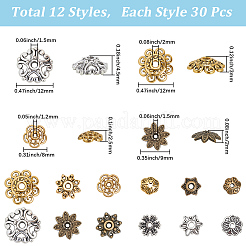 360 個 12 スタイル チベット スタイル合金ビーズ キャップ  花  ミックスカラー  6~12x6~12x1.5~4.5mm  穴：1~2mm  30個/スタイル&nbsp;TIBE-SC0002-37