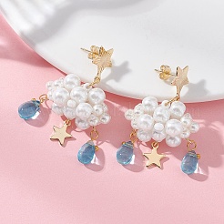 3Dクラウドガラスシードビーズダングルスタッドピアス  アクリルパール付き  ゴールドカラー  スター  44.5x26.5mm&nbsp;EJEW-MZ00644-01