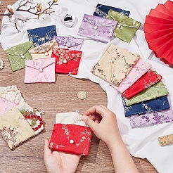 中国風の花柄布製ジュエリー収納ポーチ 18種類 18個  プラスチックボタンで  ブレスレット用の長方形のジュエリーギフトケース  イヤリング  リング  ランダム模様  ミックスカラー  7.5~9.5x8.5~12x0.3~0.7cm  1個/スタイル&nbsp;AJEW-NB0005-75