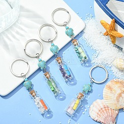 ウィッシングボトルガラスペンダントキーホルダー  宝石チップビーズと紙スリップロールが内側にあり、合成ターコイズウミガメが入っています  アイアン製キーリング  9.8~9.9cm&nbsp;KEYC-JKC00499