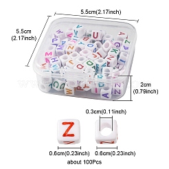 100PCSアクリルビーズ  水平穴  混合色の文字と立方体  ホワイト  6x6x6mm  穴：3mm  約2600個/500g&nbsp;MACR-YW0002-30