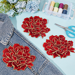 牡丹のポリエステル刺繍縫い付けパッチ4個  布のアップリケ  レッド  123x147x1.5mm&nbsp;PATC-CY0001-72B