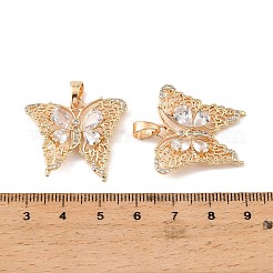 真鍮と透明キュービックジルコニアのペンダント  蝶のチャーム  18KGP本金メッキ  25x28.5x4.5mm  穴：6.5x4mm&nbsp;KK-G558-16G