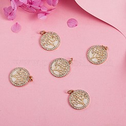 5個真鍮マイクロパヴェクリアキュービックジルコニアペンダント  長持ちメッキ  丸カンとピンクのエナメル  命の木とフラットラウンド  18KGP本金メッキ  18x16x2.4mm  穴：3.2mm&nbsp;ZIRC-SZ0002-23