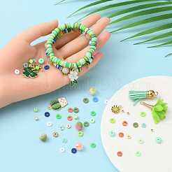 DIY春のテーマブレスレット作りキット  ポリマークレイ、アクリル、プラスチックビーズを含む  アイアン＆フェイクスエード＆アロイエナメルペンダント  伸縮性のある糸  グリーン  ペンダント：15個/箱&nbsp;DIY-YW0005-38