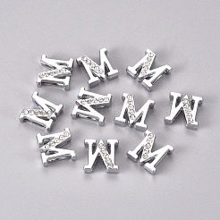 合金スライドチャーム  クリスタルラインストーン付き  文字L  プラチナ  文字.m  M：11.5x12x4.5mm  穴：1.5x8mm&nbsp;PALLOY-WH0066-21M