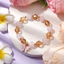 10mm ラウンド模造オーストリアクリスタル & クラックルアクリルビーズストレッチブレスレット  女性用蝶合金アクリルチャームブレスレット  ピンク  内径：1-7/8インチ（4.8cm）&nbsp;BJEW-JB10556-03
