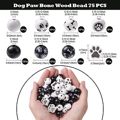 75 個 8 スタイルスプレー塗装ウッドビーズセット  ジュエリー作りのための  ラウンド & 犬の足跡  ホワイト  ブラック  15.5~20x15.5~20x4~15.5mm  穴：2.6~4mm&nbsp;WOOD-YW0001-11