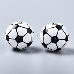 塗られた天然木のヨーロッパのビーズ  大穴ビーズ  印刷  サッカー  ホワイト  16x15mm  穴：4mm&nbsp;X-WOOD-S057-050