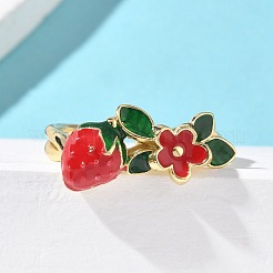 女性用真鍮エナメル調節可能カフリング  ゴールドカラー  苺  イチゴ：10x20mm  内径: 調節可能&nbsp;RJEW-G350-01B-G