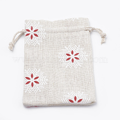 ポリコットン（ポリエステルコットン）パッキングポーチ巾着袋  印刷された雪片で  古いレース  14x10cm&nbsp;X-ABAG-T006-A18