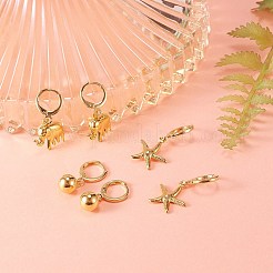 オーシャンテーマブラスハギーフープピアス  304ステンレススチールペンダント付き  混合図形  ゴールドカラー  6のペア/箱&nbsp;EJEW-SZ0001-21G