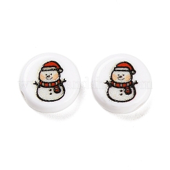 クリスマステーマのプリント不透明アクリルビーズ  雪だるま  10x10x5mm  穴：1.8mm&nbsp;OACR-R004-01G