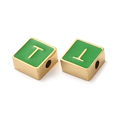 304ステンレススチールエナメルビーズ  14KGP本金メッキ  文字のある正方形  文字t  8x8x4mm  穴：2mm&nbsp;STAS-L022-293G-T