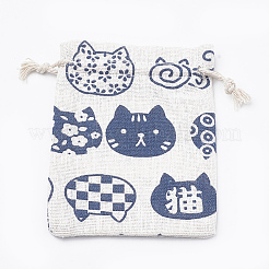 子猫ポリコットン（ポリエステル綿）パッキングポーチ巾着袋  印刷された漫画の猫と  古いレース  14x10cm&nbsp;ABAG-T006-A19