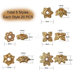 100個5スタイルマルチペタルアロイビーズキャップ  長持ちメッキ  カドミウムフリー＆鉛フリー  花  18KGP本金メッキ  6~8x1.5~3mm  穴：1.2~1.6mm  20個/スタイル&nbsp;PALLOY-SZ0001-32