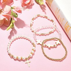 4 個 4 スタイルシェルパール & ガラスビーズストレッチブレスレットセット  女性のための真鍮クロス チャーム スタッカブル ブレスレット  ミックスカラー  内径：2-1/8~2-1/4インチ（5.25~5.85cm）  1個/スタイル&nbsp;BJEW-TA00327