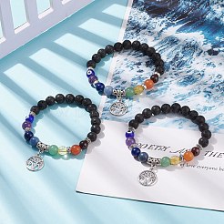 3 個 3 スタイル天然溶岩 & 混合石ストレッチ ブレスレット セット ランプワークナザールボンジュウ  女性用合金ツリーオブライフチャーム付きチャクラブレスレット7個。  内径：2インチ（5.2cm）  1個/スタイル&nbsp;BJEW-JB08321