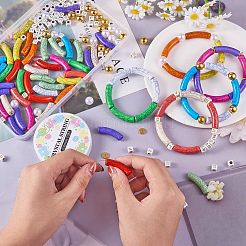 DIYの分厚いブレスレット作りキット  アクリル湾曲チューブ＆レタービーズを含む  プラスチックパール＆真鍮ビーズ  伸縮性のある糸  ミックスカラー  ビーズ：232個/セット&nbsp;DIY-SZ0008-84