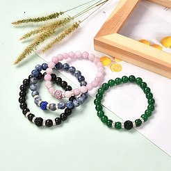女性男性用の天然混合宝石用原石ストレッチブレスレット  ポリマークレイと真鍮のラインストーンビーズ付き  内径：2-3/8インチ（6cm）&nbsp;BJEW-JB06694