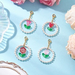 4個の花のガラス/アクリルとシェルパールペンダント装飾  304ステンレススチールのロブスタークロウ留め金付き  ミックスカラー  52mm&nbsp;HJEW-TA00330