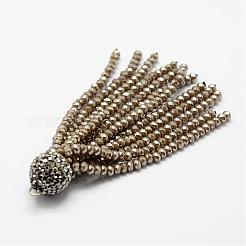 電気メッキガラスビーズタッセルビッグサイズペンダントトップ  真鍮のラインストーンパーツ  キャメル  76x10.8mm  穴：2.5mm&nbsp;EGLA-P023-10