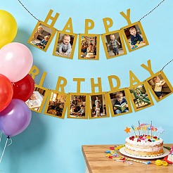 紙のグリッターで飾られた誕生日おめでとう写真吊り下げバナー  紐と針で  壁と背景用の誕生日パーティーの装飾  ゴールド  270x135x0.4mm&nbsp;DIY-FZC0002-04C
