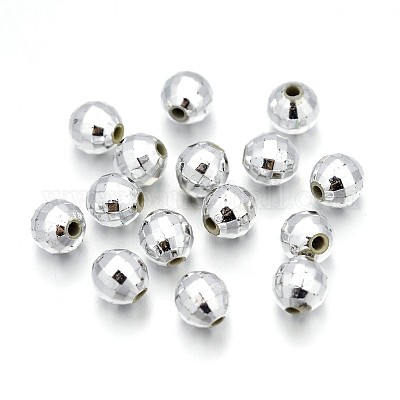 多面カットアクリルビーズ  ラウンド  銀色のメッキ  約6 mm幅  長さ6mm  穴：1mm  約5000個/500g&nbsp;PL643-1S-1