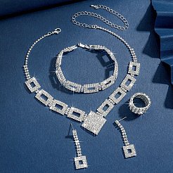 長方形の真鍮とクリスタルラインストーンのジュエリーセット  ブレスレット、イヤリング、ネックレス、指輪のセット  プラチナ  350mm＆170mm＆20mm＆30x10mm&nbsp;WG3D549-01