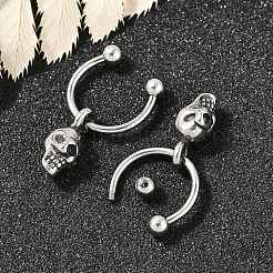 スカル 316 サージカルステンレススチール ダングル ハーフフープ イヤリング 女性用  アンティークシルバー  22x4.5mm  内径：10.19mm  ピン：1.16mm（18ゲージ）&nbsp;EJEW-G416-48AS